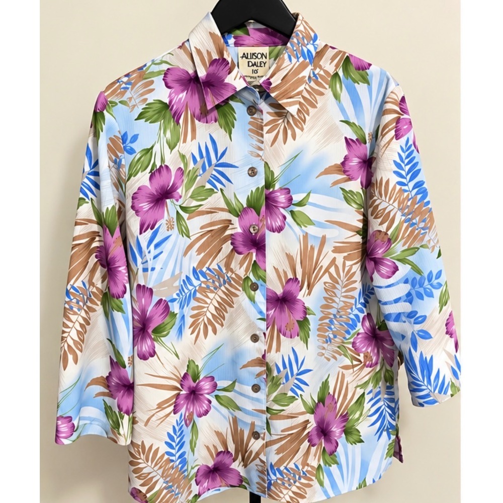 Allison Daley Womens 10 Tropical Floral Button Up Blouse Blue Purple Hibiscus